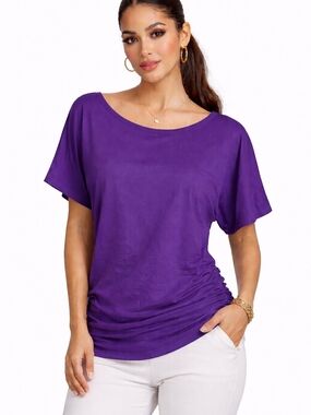 MISIFI Purple Short Sleeve Tunic Top Women’s Size L Soft Stretch Casual Blouse